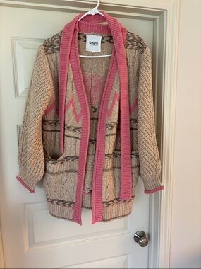 &merci Beige Knit Cardigan with Pink Trim